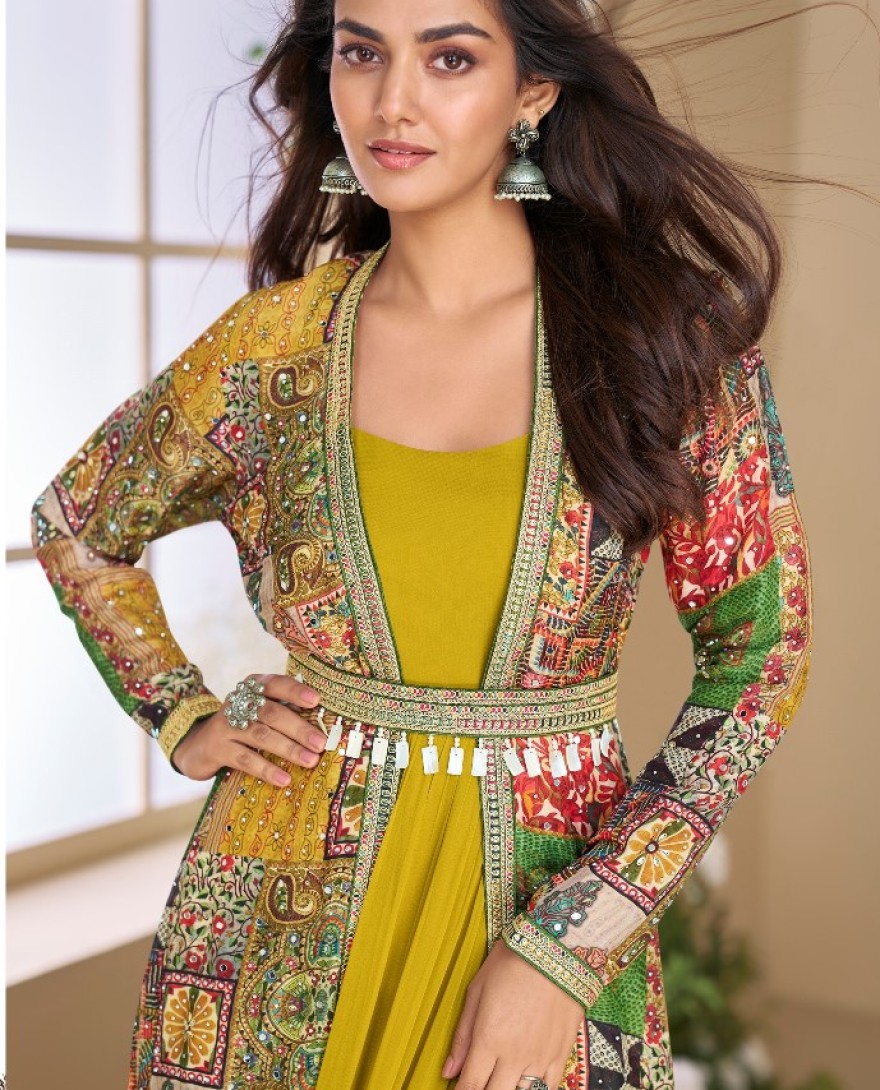 5825 - Designer Yellow Georgette Anarkali Gown with Multicolor Long Shrug